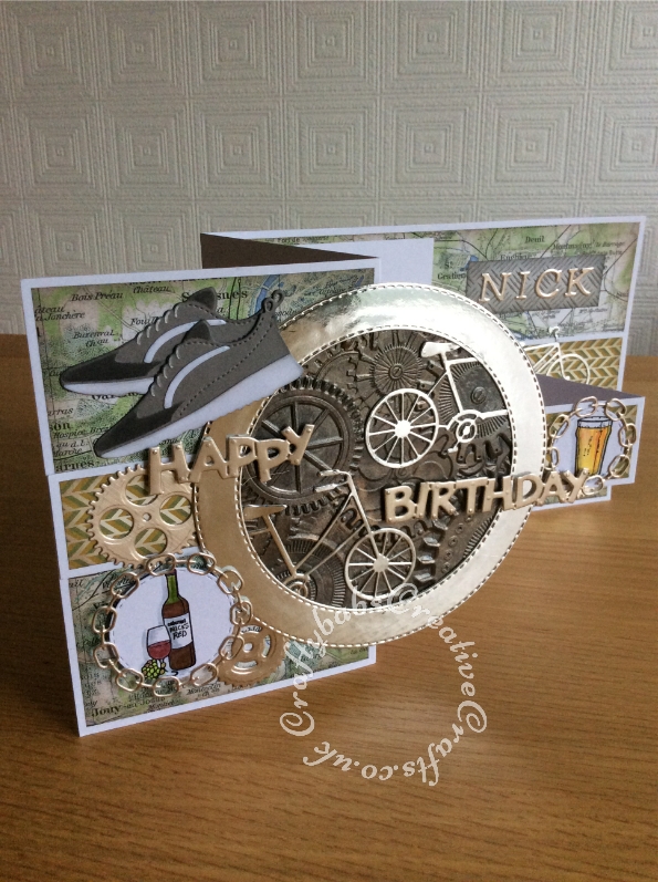 Masculine Birthday Double Z fold Cycling themed card made using a variety of dies including : Lene Design - Die - Shoes - BLD1038, Crealies DOUBLE STITCH Die Set No.33 CIRCLE Cutting Dies, Memory Box - Die - Bicycle Built for Two, Nested Chains (ETL626) – Tattered Lace dies, Docrafts Xcut Chronology Cogs die Set, Emerald upper case alphabet dies, Tim Holtz 3D Texture fades mechanics embossing folder, Bicycle die from Quickutz Denmark die set, and Tattered Lace Happy Birthday sentiment die and stamps from the See-D's Boys Toys stamp set. Backing papers from the Papermania Mister mister range. - craftybabscreativecrafts.co.uk