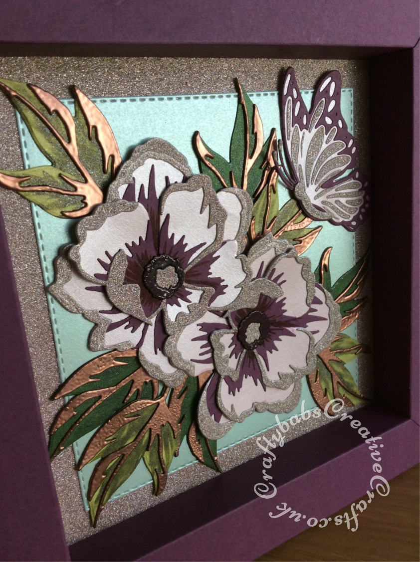 Shadow Box picture frame birthday card made using various dies including; Spellbinders Adjustable Shadowbox Frame with 1" Border Die - S4-981, Spellbinders Indie Line Shapeabilities Dies Layered Monarch dies, Altenew - Dies - Peony Dream 3D and Crealies DOUBLE STITCH Die Set No.34 SQUARE Cutting Dies XXL34, - craftybabscreativecrafts.co.uk