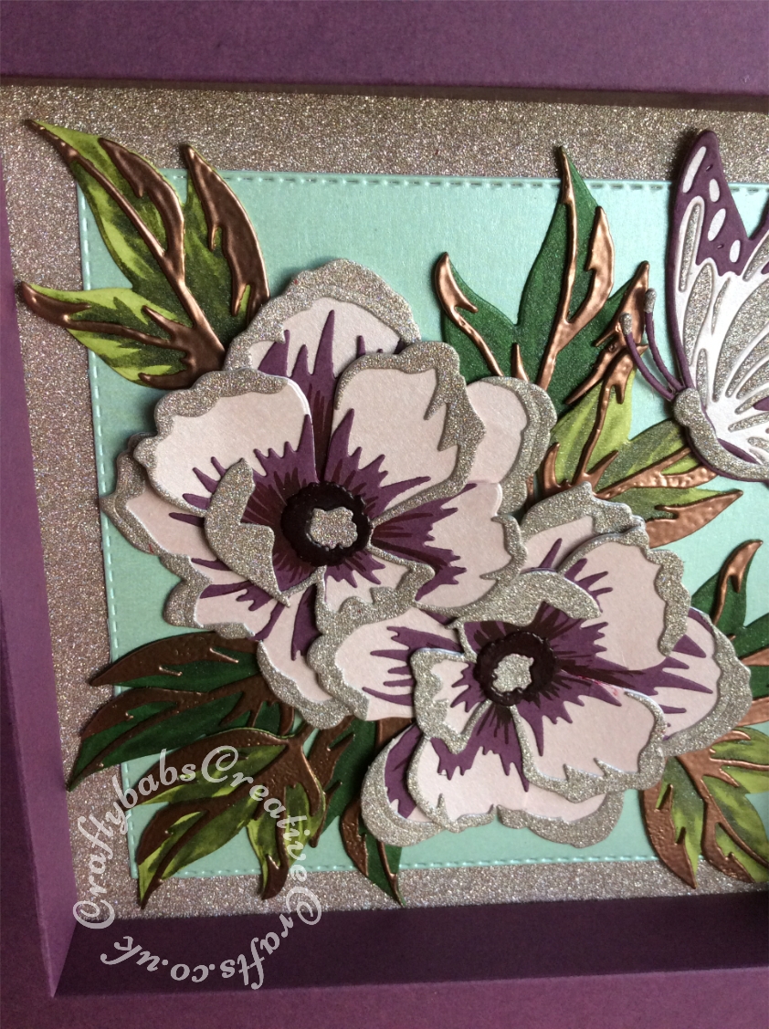 Shadow Box picture frame birthday card made using various dies including; Spellbinders Adjustable Shadowbox Frame with 1" Border Die - S4-981, Spellbinders Indie Line Shapeabilities Dies Layered Monarch dies, Altenew - Dies - Peony Dream 3D and Crealies DOUBLE STITCH Die Set No.34 SQUARE Cutting Dies XXL34, - craftybabscreativecrafts.co.uk