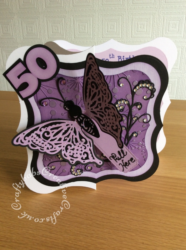 Kinetic Butterfly 50th BIrthday card made using Crafts Too embossing folder, Sizzix originals Shadow Box numbers dies, Jus-Cutz A4 nesting labels dies and Angela Poole Flutterings Die Set – Butterfly. - craftybabscreativecrafts.co.uk