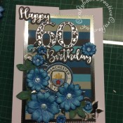 Manchester City themed 60th Birthday Card made using various dies including: Heartfelt Creations Sun Kissed Fleurs die and stamps, John Next Door Leafy Flourish die, iCraft Happy Birthday sentiment dies, Card Making Magic Solid numbers and Overlay numbers dies. Circle die and Sunrise Creations nesting stitched rectangle dies. - craftybabscreativecrafts.co.uk
