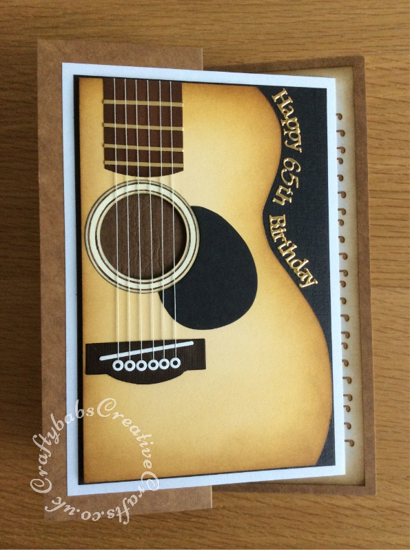 Guitar themed 65th birthday card made using hand cut guitar shape, nesting circles dies, body section of teddy bear die and sizzix label die. Tattered Lace sentiments 2014 dies. - craftybabscreativecrafts.co.uk