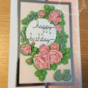 65th Birthday card made using various dies including; Surprise Creations nesting double stitched rectangles dies, Sizzix Sizzlits Fruit Smoothie Alphabet number dies, Tattered Lace Autumnal Hedgerow die set and Spellbinders S2-139 Shapeabilities Sentiments 3 dies.- craftybabscreativecrafts.co.uk
