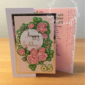 65th Birthday card made using various dies including; Surprise Creations nesting double stitched rectangles dies, Sizzix Sizzlits Fruit Smoothie Alphabet number dies, Tattered Lace Autumnal Hedgerow die set and Spellbinders S2-139 Shapeabilities Sentiments 3 dies.- craftybabscreativecrafts.co.uk