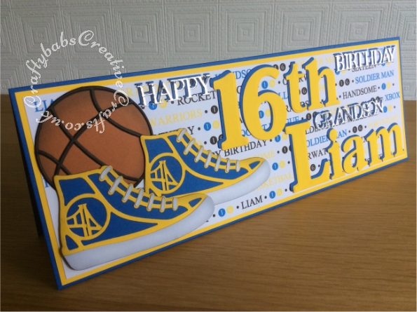 16th Birthday Basketball themed card made using various dies including; sentiment dies from various Tattered Lace 3 Die-mensions die sets, Card Making Magic by Christina Griffiths Upper and lower case alphabet dies and number dies, Cuttlebug® Disney 3x3 Combo Set - Tag Team Sports Balls and Tonic Rococo Kids Canvas Sneaker 1471E die. - craftybabscreativecrafts.co.uk