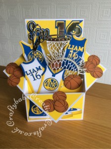 Large Basketball themed Pop Up Box Card made using various dies including; MFT All Star High Tops die set, Vintage Basketball Net (TLD0358), Sports Pack Metal Die set Cheery Lynn Dies B553, Championship die set (457861) – Tattered Lace, Sentiment from the Tattered Lace Zig Zag cascade card die set, Paper Boutique male relatives die and Sizzix originals Shadow Box Number dies. - craftybabscreativecrafts.co.uk
