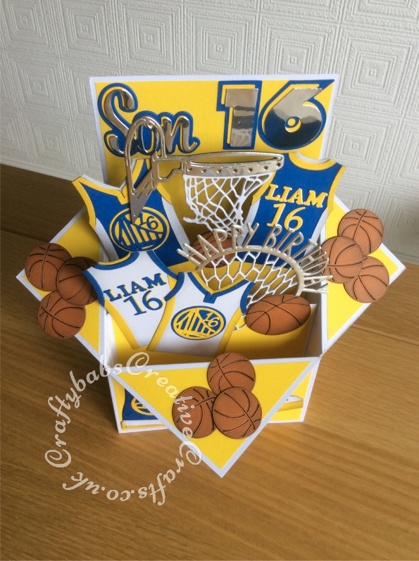 Large Basketball themed Pop Up Box Card made using various dies including; MFT All Star High Tops die set, Vintage Basketball Net (TLD0358), Sports Pack Metal Die set Cheery Lynn Dies B553, Championship die set (457861) – Tattered Lace, Sentiment from the Tattered Lace Zig Zag cascade card die set, Paper Boutique male relatives die and Sizzix originals Shadow Box Number dies. - craftybabscreativecrafts.co.uk