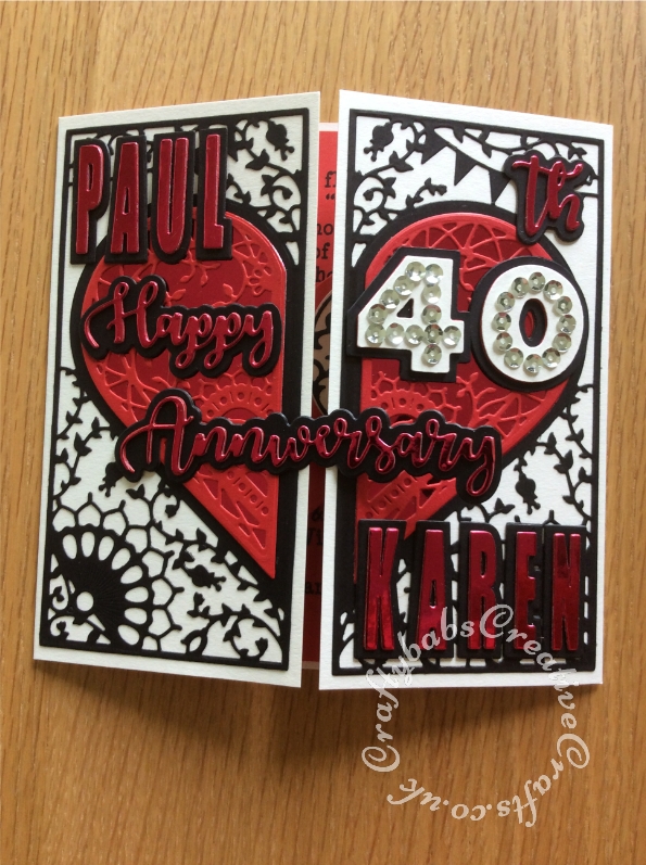 40th Ruby Wedding Anniversary card made using various dies including: Couture Adoring die set, Crealies Alfies 3 alphabet die set, Sizzix Originals shadow box numbers dies and iCraft Happy Anniversary dies. - craftybabscreativecrafts.co.uk