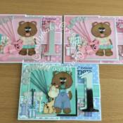 Ist birthday Triplets Z Folds card made using various unbranded bear, bear outfit, giraffe and parcel dies, Alphabet balloons dies from The Works and Sizzix Bigz Sassy Serif Numbers dies and Die Monde custom made wooden bear and bunny die. - craftybabscreativecrafts.co.uk