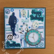 Man of the moment Birthday card made using a variety of male themed stamps for the background and various dies including. unbranded male silhouette die, First edition watch die, Xcut cogs dies and Paper boutique sentiment dies. - craftybabscreativecrafts.co.uk