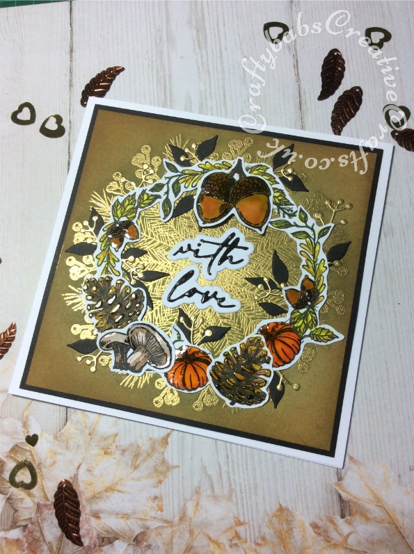 With Love card made using the free Autumn Days stamp set from issue 208 of Simply Cards & Papercraft magazine, Versafine Onyx Black ink, gold embossing powder, spectrum aqua pens, Hunkydory Prism watercolour brush markers, Tim Holtz distress inks, Ranger Glossy accents, altenew leaf die and unbranded sentiment and berries dies. - craftybabscreativecrafts.co.uk