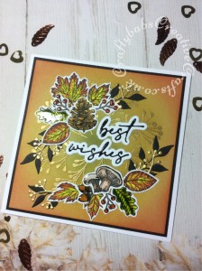 Best Wishes card made using the free Autumn Days stamp set from issue 208 of Simply Cards & Papercraft magazine, Versafine Onyx Black ink, gold embossing powder, spectrum aqua pens, Hunkydory Prism watercolour brush markers, Tim Holtz distress inks, Ranger Glossy accents, altenew leaf die and unbranded sentiment and berries dies. - craftybabscreativecrafts.co.uk