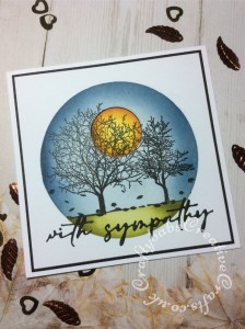 Sympathy card made using the free Autumn Days stamp set from issue 208 of Simply Cards & Papercraft magazine, Versafine Onyx Black ink, Tim Holtz distress inks, Nesting circle dies to cut acetate stencil and sun and unbranded sentiment dies. - craftybabscreativecrafts.co.uk