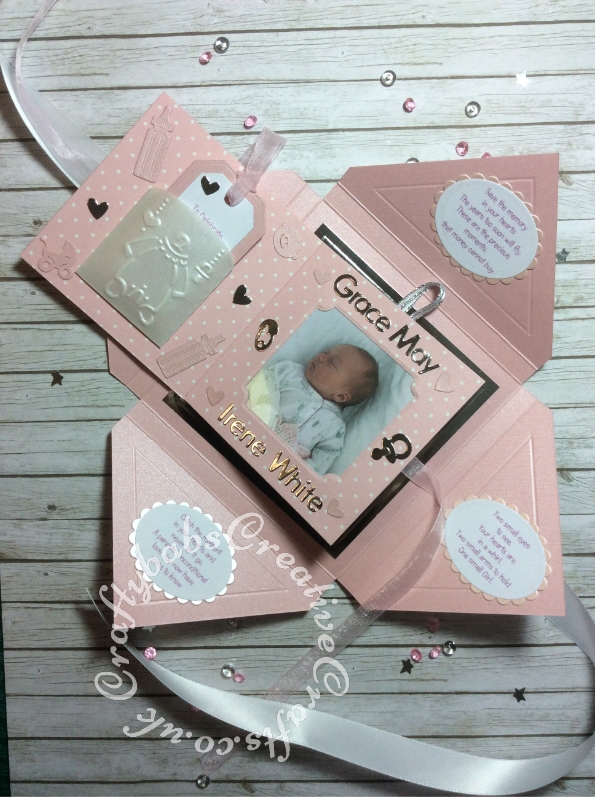 Baby Girl Birth keepsake made using a variety of dies including: Tattered Lace Essentials Die - Notched Squares ETL311, Quickutz nesting Tag dies, Lettering created using Memory box Alphabet soup upper case and lower case alphabet dies, Ellison thick cutz envelope die, Cuttlebug baby elements die, Marianne baby feet dies, Spellbinders nesting plain & scalloped oval dies, Parchment pocket made using an envelope template stencil, baby clothes and baby words embossed using brass stencils, outer cover embossed using score board. - craftybabscreativecrafts.co.uk