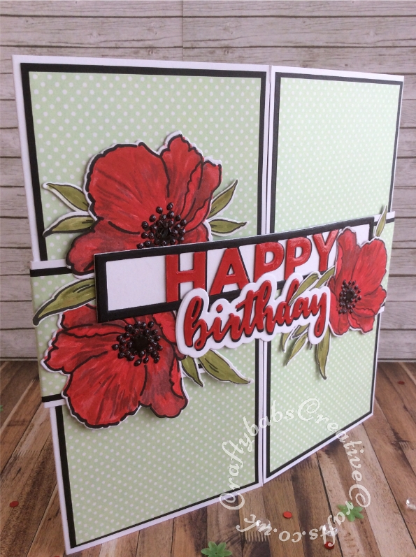 Poppy themed 8" x 8" Pop Out Gate Fold Card made using Heartfelt Creations Blazing Poppy Stamps and matching dies, Heartfelt creations 3D Floral Basics Shaping Mold, SPELLBINDERS CREATE A FLOWER POPPY DIE D-LITES, Spellbinders Foliage dies, Bright Rosa Happy Birthday Sentiment dies, Altenew stamps and dies from the ALTENEW Modern Blooms Magazine kit Issue 1. Sister Sentiment is from The Paper Boutiques female relatives die set. The inside poppy patterned backing was created using the stencil from the Altenew cover gift of Simply Cards & Papercraft magazine Issue 194 . - craftybabscreativecrafts.co.uk
