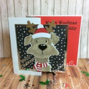Fun Christmas card for A Pampered Pet Dog made using Clearly Creative Dexter Stamp Set and Matching Clearly Creative Cuts dies plus custom wood die for hat scarf and antlers, Tattered Lace Sentiment dies and Crealies double stitches square dies for silver mat layer. - craftybabscreativecrafts.co.uk