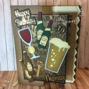 Drinks themed 30th birthday card made using various dies including; Apple Blossom Die Set Beer Bottle & Glass, Apple Blossom Die Set Cheers! Wine Bottles & Glass Set, Apple Blossom Embossing Folder Wine Varieties, By Lene Beer Bottle Cutting & Embossing Die, Paper Boutique sentiment dies and Gemini numbers dies. - craftybabscreativecrafts.co.uk