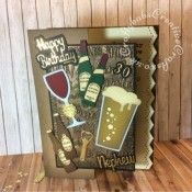 Drinks themed 30th birthday card made using various dies including; Apple Blossom Die Set Beer Bottle & Glass, Apple Blossom Die Set Cheers! Wine Bottles & Glass Set, Apple Blossom Embossing Folder Wine Varieties, By Lene Beer Bottle Cutting & Embossing Die, Paper Boutique sentiment dies and Gemini numbers dies. - craftybabscreativecrafts.co.uk