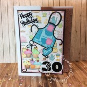 Baking themed 30th birthday card made using patterned papers and various dies including; Paper Boutique sentiment dies, Sizzix Originals Shadow Box Number dies, Sizzix originals Apron & Mitt die and CottageCutz Cupcake Tier die. - craftybabscreativecrafts.co.uk