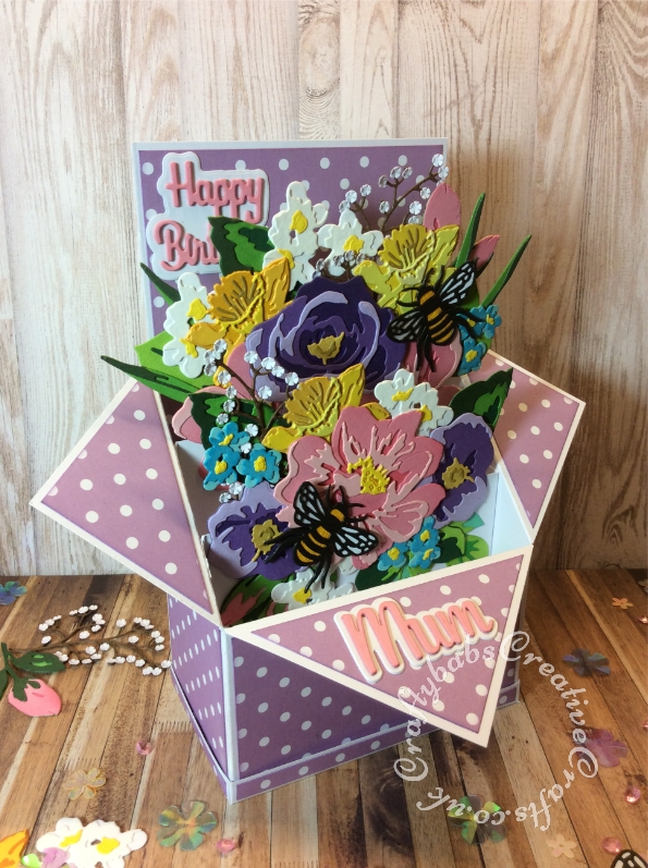 Large Floral Pop Up Box Birthday card made using various dies including: Altenew Jumbo Garden Picks Layering Die Set, Altenew Altenew Garden Picks 3D Die Set, Sizzix Thinlits Die Set 10PK - Floral Layers #664359, Sizzix Thinlits Die Set 4PK - Bee #663852, Altenew Layered Daffodil Die Collection free with issue 188 of Simply Cards & Papercraft, unbranded branch dies and small flowers from the Cheery Lynn Babies breath die set and Paper Boutique female relations Mum and layered happy birthday sentiment dies. - craftybabscreativecrafts.co.uk