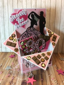 Large Pop Up Box Strictly come dancing and chocolate themed 30th Birthday card made using various dies including: Card Making Magic Die Sets Solid & Overlay Number & Suffix die sets, Crafters companion Gemini Expressions Metal Die - Uppercase and lower case Alphabet die sets, various small nesting square and shape dies for chocolates, Nellie Snellen multi frame nest plain and scalloped heart dies, Memory Box party music die, Sizzix Thinlits happy birthday from the everyday sentiment die set and Intricut Couple Silhouette Die. - craftybabscreativecrafts.co.uk