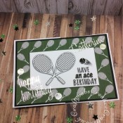 Tennis themed made using free Digi stamp downloads from Craftworld Premium members Club and Craft Artist Professional Software. and Cheery Lynn Sports Pack Metal Die set , Sizzix Tim Holtz Thinlits Die Set 13PK Celebration Words and Sizzix Thinlits Die Set 69PK - Alphanumeric, Script (1" Tall) by Tim Holtz. - craftybabscreativecrafts.co.uk