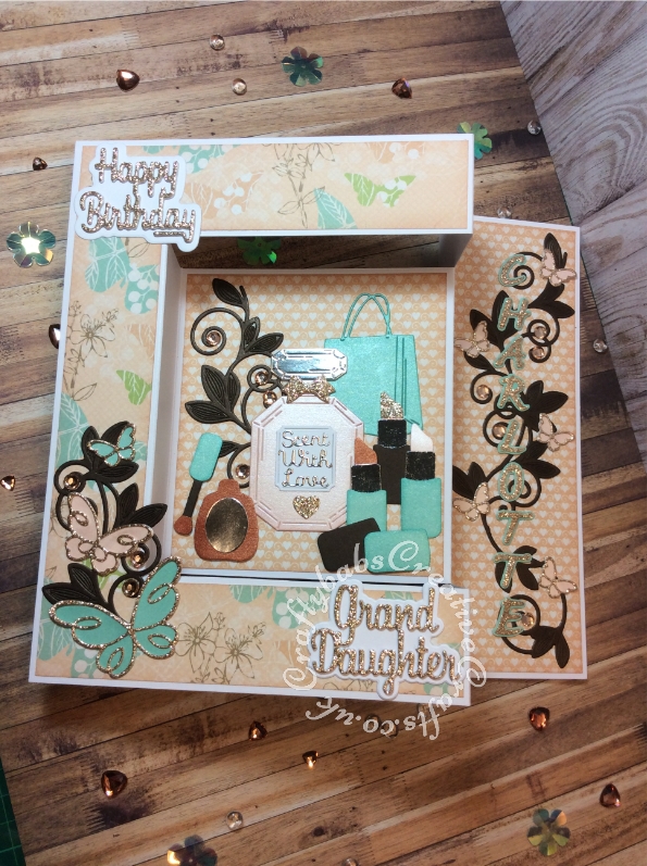 Cosmetic and perfume themed birthday card made using various dies including: Spellbinders Romantic vines die set, Handbag from Tattered Lace Shopping (457862) die set, Lip stick and nail polish from Sizzix Sizzlits X 4 Glam Girl Set , Perfume bottle die from Hunkydory Design Collection Box Magazine Issue 8, Poppystamps Die set Devyn Butterfly Trio 1378, and set 1389 ~ EMELIA BUTTERFLY TRIO, Sizzix Sizzlits Script alphabet dies, Hunkdory Moonstone Simply sentiments dies and Paper Boutique sentiment dies. - craftybabscreativecrafts.co.uk