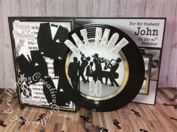 Large A4 Z Fold Rat Pack themed 90th Birthday card made using a stamped and printed background and various dies including Unbranded Jazz band die, unbranded male die, Microphone die from the Paper Discovery Die Set The Jazz Band Set of 8, Crealies Alfies die set no. 3, Capital letters and shadows, Crealies Journalzz & Plannerzz Die CLJP609 Numbers with Shadows, Marianne Design Collectables Men’s Wardrobe Die, CREATIVE DIE SET 8IN X 8IN NESTED CIRCLES and Paper Boutique sentiment dies. - craftybabscreativecrafts.co.uk