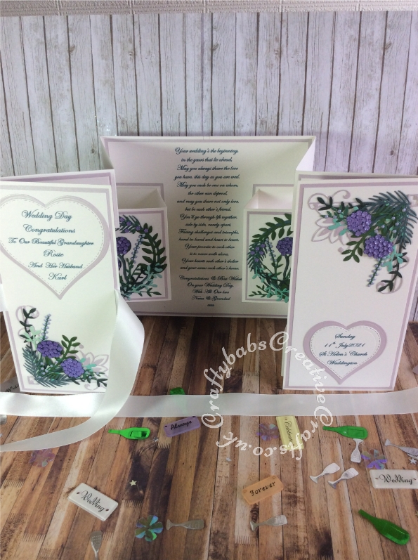 Extra Large double shutter Wedding card themed to match wedding invitation. Made using various dies including Nellie's Choice Multi Frame Die - basic heart MFD060, unbranded nesting stitched hearts dies. Cheery Lynn Delicate Lace script alphabet dies, Tattered Lace Wedding Words die set, Tonic Studios Romanesque Bracket Corner Die Set, Memory Box Floral Breeze die plus numerous small floral and foliage dies from lots of different die sets. - craftybabscreativecrafts.co.uk