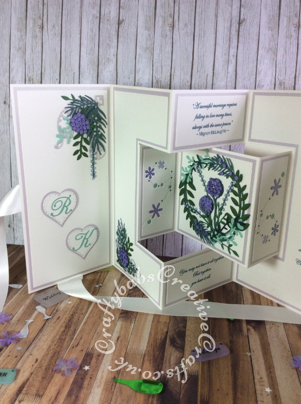 Extra Large double shutter Wedding card themed to match wedding invitation. Made using various dies including Nellie's Choice Multi Frame Die - basic heart MFD060, unbranded nesting stitched hearts dies. Cheery Lynn Delicate Lace script alphabet dies, Tattered Lace Wedding Words die set, Tonic Studios Romanesque Bracket Corner Die Set, Memory Box Floral Breeze die plus numerous small floral and foliage dies from lots of different die sets. - craftybabscreativecrafts.co.uk