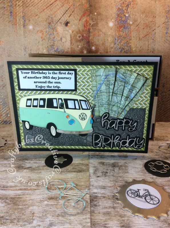 Z Fold travel themed male birthday card made using various dies including Robert Adams All Occasion Dies Camper Van - Metal Craft Dies Set, Sizzix thinlits happy birthday from the everyday sentiment die set and Spellbinders M-Bossabilities - Kickin' Rubber embossing folder. Patterned papers from the Papermania DoCrafts Mr Mister collection. - craftybabscreativecrafts.co.uk