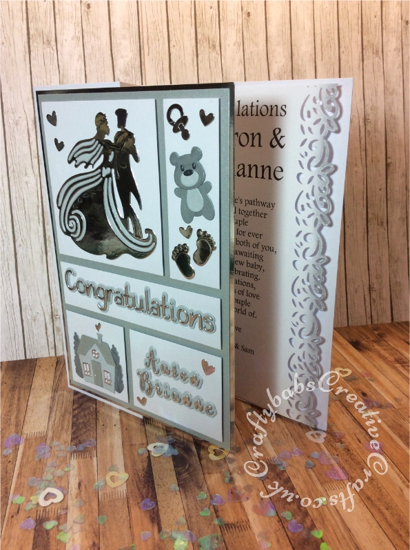 3 cards in 1 Wedding, New home, Expecting a new baby. Made using various dies including; Unbranded bride and groom die, Crafti Potential Congratulations sentiment dies, Sizzix Thinlits Die Set 17PK 664579 Bell Jar Diorama by Jen Long, Sizzix, Marianne Eline's Baby Animals die set, Marianne Design MLR0305 Feet Craftables Die, Cuttlebug baby elements die and Crafters companion Gemini Expressions Metal Die – Uppercase and lower case Alphabet Sets. - craftybabscreativecrafts.co.uk