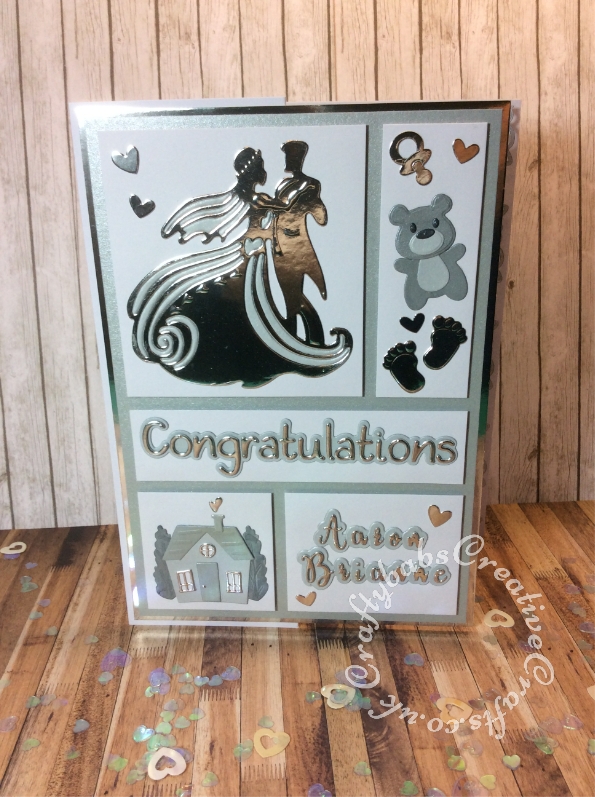 3 cards in 1 Wedding, New home, Expecting a new baby. Made using various dies including; Unbranded bride and groom die, Crafti Potential Congratulations sentiment dies, Sizzix Thinlits Die Set 17PK 664579 Bell Jar Diorama by Jen Long, Sizzix, Marianne Eline's Baby Animals die set, Marianne Design MLR0305 Feet Craftables Die, Cuttlebug baby elements die and Crafters companion Gemini Expressions Metal Die – Uppercase and lower case Alphabet Sets. - craftybabscreativecrafts.co.uk