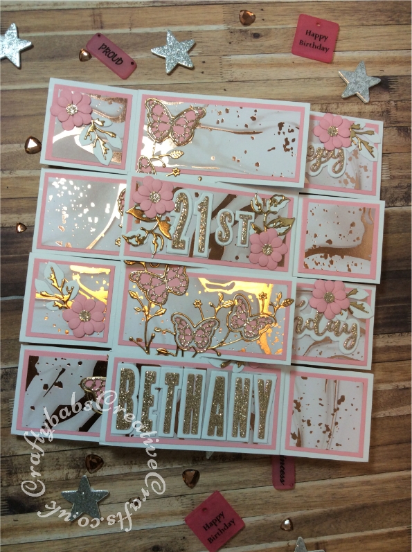 8" x 8" Tower block card inspired by Sam Calcott of Mixed Up Craft using various dies including Memory box Fluttering Corner die, Altenew Garden Picks dies for leaves, unbranded small shadow alphabet dies, Crealies Alfies shadow Alphabet Set and Crealies shadow numbers dies, Cheery Lynn flower dies and iCraft Happy and Birthday sentiment dies. - craftybabscreativecrafts.co.uk