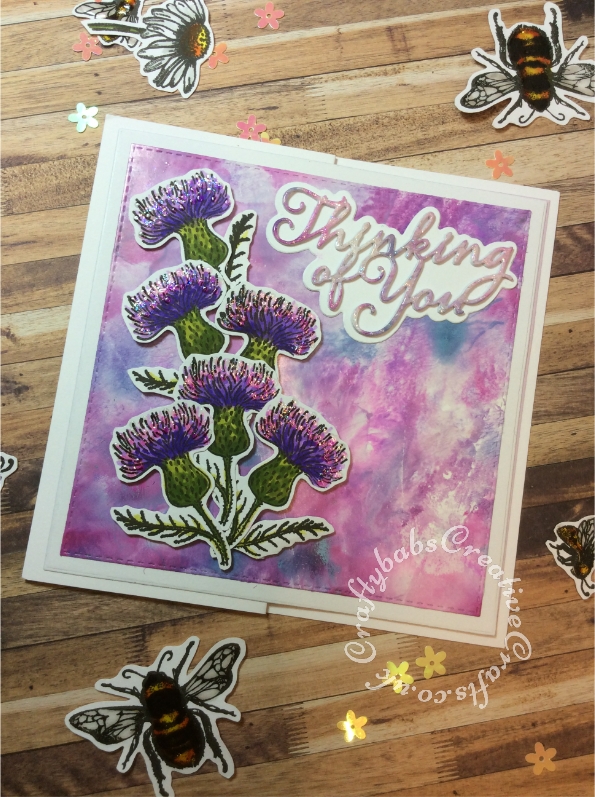 Stamped Thistles card made using Stamps from issue 99 of Creative Stamping magazine. Sentiment die cut using Card Making Magic Christina Griffiths dies. - craftybabscreativecrafts.co.uk