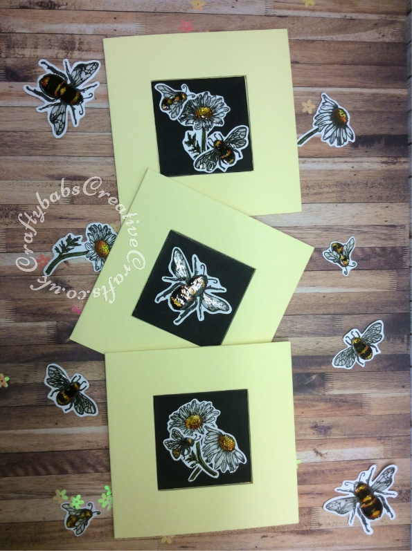 Stamped Bees cards made using Stamps from issue 99 of Creative Stamping magazine. Stickles glitter glue and glossy accents applied to bees. - craftybabscreativecrafts.co.uk