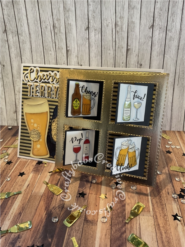 Cheers themed Flip Card inspired by Sam Calcott's Fabulous Flip cards but mechanism made without dies, using various dies including: Nesting stitched squares dies, nesting plain squares dies, i Craft 'Cheers sentiment die, Sizzix originals shadow box numbers dies, magazine cover gift sentiment dies, unbranded shadow alphabet dies, Drink Trolley die set by Apple Blossom Bottle & Glass, bottle opener dies and digi-stamps free from Craftworld Premium members 'Cheers' digi-stamp collection. Glossy accents used to highlight stamped images, beer glass and beer bottle. - craftybabscreativecrafts.co.uk