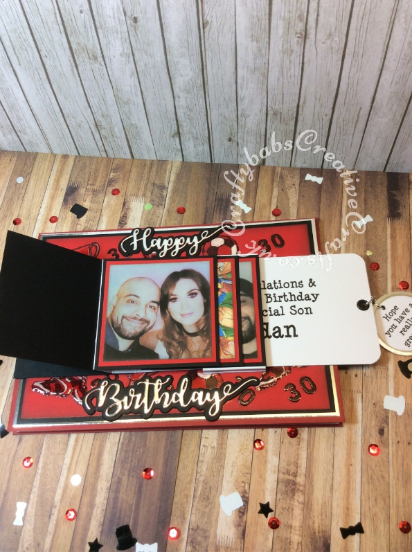 Easel Waterfall 30th Birthday Card made using various dies including; i Craft Happy Birthday Sentiment dies, Sizzix Sizzlits Fruit Smoothie alphabet dies, Sizzix Originals Shadow Box Numbers dies, Nesting circle dies and football themed stamps. Stamping highlighted with glossy accents. - craftybabscreativecrafts.co.uk