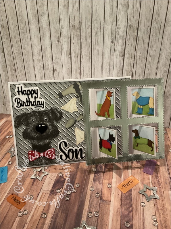 Dog Grooming themed Flip Card inspired by Sam Calcott's Fabulous Flip cards but mechanism made without dies, using various dies including: 662592 - Sizzix Thinlits Die Set 10PK - Country Canines, Clearly Cuts Dexter The dog Dies and stamps, Nesting stitched squares dies, nesting plain squares dies, Paper Boutique dies Happy birthday and relatives sentiments dies and custom made wooden die for hairbrush, hair dryer, towels and accessories. - craftybabscreativecrafts.co.uk