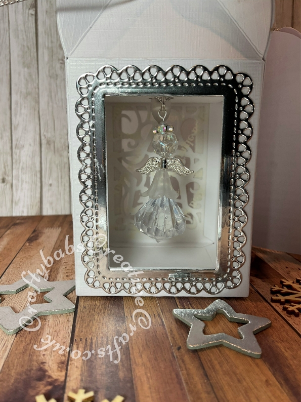 Christmas lanterns with beaded angels made using Tonic Studios Indulgence Keepsakes-Multi Sided Lantern Box Die set, unbranded lacey rectangle frame die and custom made wooden die for angel gift card. - craftybabscreativecrafts.co.uk