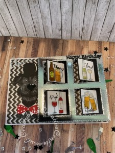 Cheers themed Flip Card inspired by Sam Calcott's Fabulous Flip cards but mechanism made without dies, using various dies including: Clearly Cuts Dexter The dog Dies and stamps, Nesting stitched squares dies, nesting plain squares dies, i Craft 'Cheers sentiment die, Sizzix originals shadow box numbers dies, magazine cover gift sentiment dies, unbranded shadow alphabet dies and digi-stamps free from Craftworld Premium members 'Cheers' digi-stamp collection. Gloss accents used to highlight stamped images. - craftybabscreativecrafts.co.uk