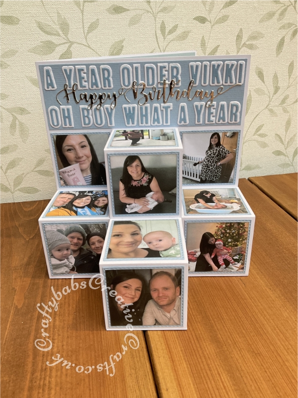 Photo cubes Birthday card using paper trimmer and scoreboard. Lettering dies are unbranded shadow dies, Happy Birthday die by icraft. - craftybabscreativecrafts.co.uk