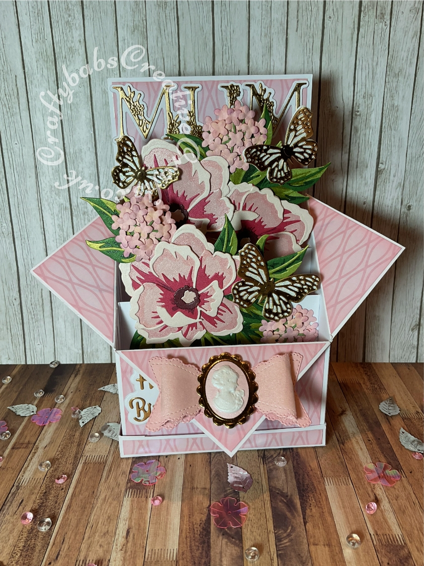Pop up box card Large version, made using various dies including; Altenew – Dies – Peony Dream, Bright Rosa Butterfly border dies, Paper Boutique 'Happy Birthday' sentiment dies, Spellbinders Shapeabilities Die D-Lites-Hydrangea die set, scalloped Bow dies from The Works, Cameo made using Nellie Snellen jumbo sized Cameo punch mounted on Spellbinders smallest lacy oval and Tattered Lace 'Hand Drawn' alphabet dies. - craftybabscreativecrafts.co.uk