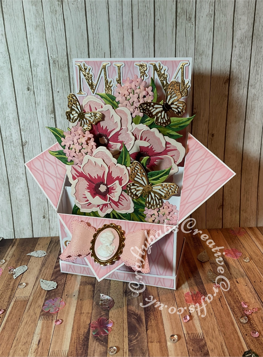 Pop up box card Large version, made using various dies including; Altenew – Dies – Peony Dream, Bright Rosa Butterfly border dies, Paper Boutique 'Happy Birthday' sentiment dies, Spellbinders Shapeabilities Die D-Lites-Hydrangea die set, scalloped Bow dies from The Works, Cameo made using Nellie Snellen jumbo sized Cameo punch mounted on Spellbinders smallest lacy oval and Tattered Lace 'Hand Drawn' alphabet dies. - craftybabscreativecrafts.co.uk