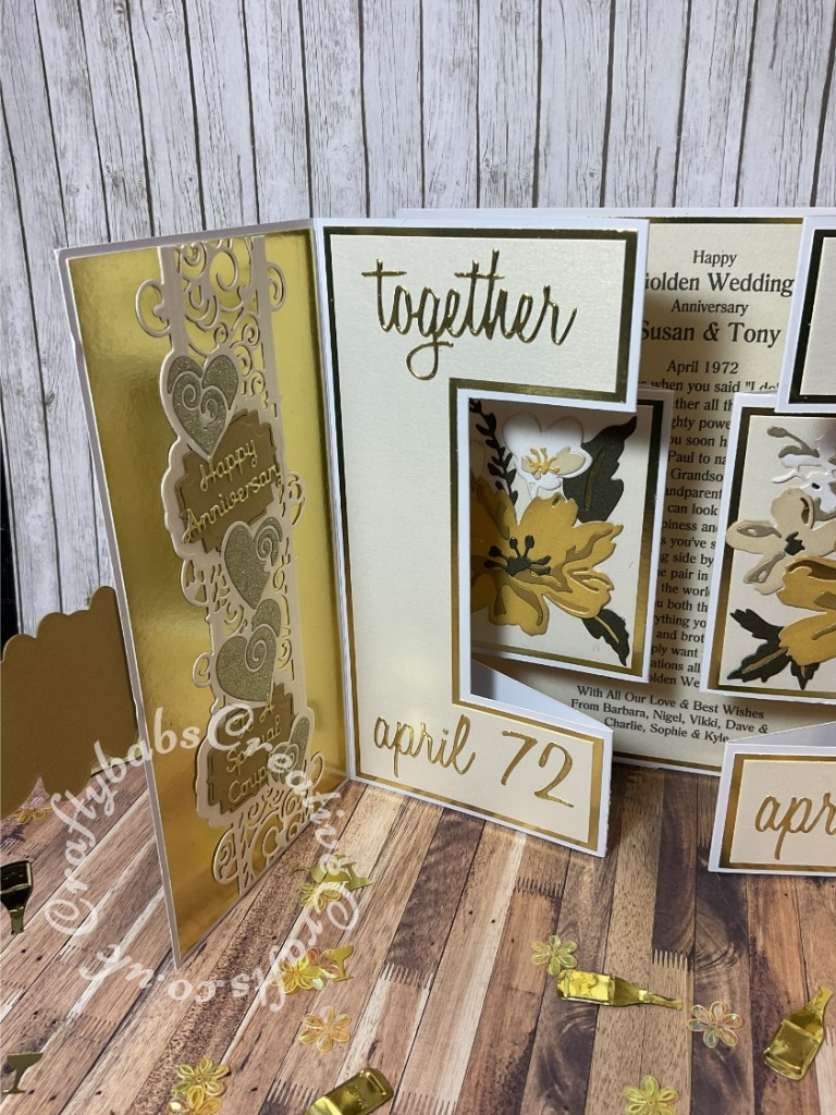 Extra Large Double Shutter Golden Wedding card made using various dies including Sizzix thinlits Brushstroke flowers #01 dies, Sizzix thinlits Brushstroke flowers #2 dies, Spwllbinders Julius Alphabet dies, Cardmaking Magic Anniversary sentiment dies, Cardmaking Magic numbers and suffixes dies and matching overlay dies, Nellies nesting hearts dies, Sizzix thinlits calendar words script dies, Sizzix thinlits Alphanumeric script dies, Sizzix thinlits friendship words script dies. Tonic Studios Entangled Strip Die & Stamp Set - Missing you and Hunkydory Moonstone sentiments dies. - craftybabscreativecrafts.co.uk