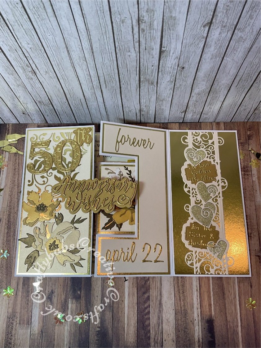 Extra Large Double Shutter Golden Wedding card made using various dies including Sizzix thinlits Brushstroke flowers #01 dies, Sizzix thinlits Brushstroke flowers #2 dies, Spwllbinders Julius Alphabet dies, Cardmaking Magic Anniversary sentiment dies, Cardmaking Magic numbers and suffixes dies and matching overlay dies, Nellies nesting hearts dies, Sizzix thinlits calendar words script dies, Sizzix thinlits Alphanumeric script dies, Sizzix thinlits friendship words script dies. Tonic Studios Entangled Strip Die & Stamp Set - Missing you and Hunkydory Moonstone sentiments dies. - craftybabscreativecrafts.co.uk