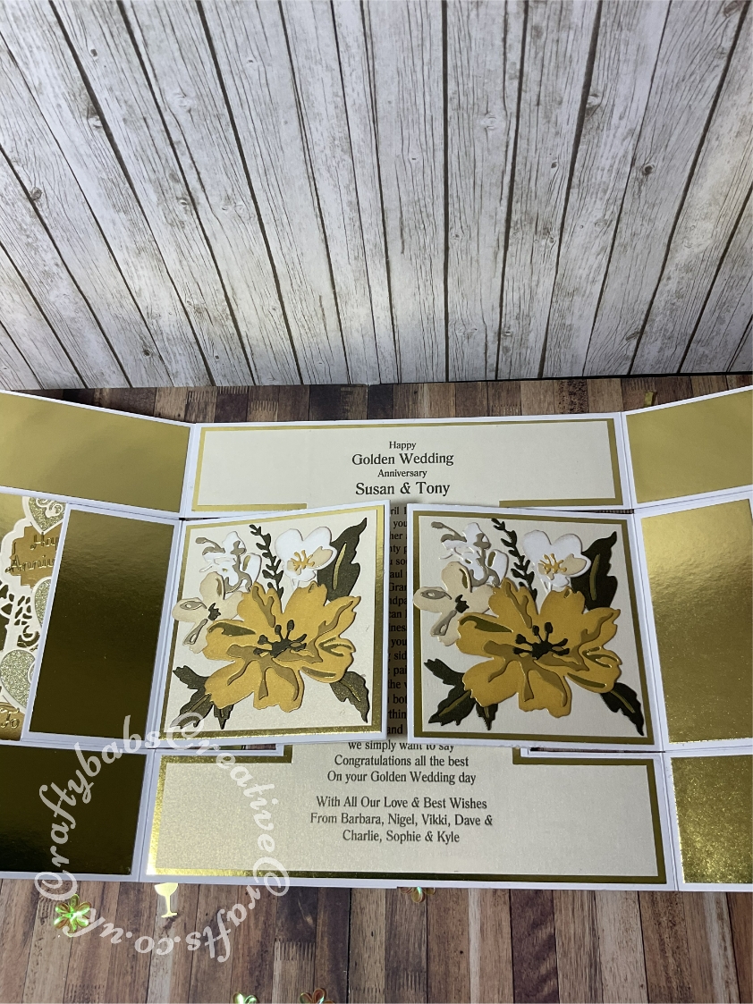 Extra Large Double Shutter Golden Wedding card made using various dies including Sizzix thinlits Brushstroke flowers #01 dies, Sizzix thinlits Brushstroke flowers #2 dies, Spwllbinders Julius Alphabet dies, Cardmaking Magic Anniversary sentiment dies, Cardmaking Magic numbers and suffixes dies and matching overlay dies, Nellies nesting hearts dies, Sizzix thinlits calendar words script dies, Sizzix thinlits Alphanumeric script dies, Sizzix thinlits friendship words script dies. Tonic Studios Entangled Strip Die & Stamp Set - Missing you and Hunkydory Moonstone sentiments dies. - craftybabscreativecrafts.co.uk
