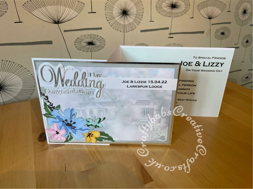Z Fold Wedding card made using image of the wedding venue and embellished using various dies including ; Tattered lace sentiments 2014, Sizzi Brushstroke Flowers #2, and Joy Crafts dies Wedding phrase. - craftybabscreativecrafts.co.uk