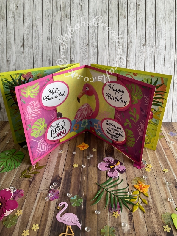 Double Swing card inspired by Sam Calcott using double sided card and patterned papers and Altenew Hibiscus Garden 3D dies, unbranded sentiment dies and Bright Rosa 'friend' sentiment die, Spellbinders nesting ovals dies and various sentiment stamps. - craftybabscreativecrafts.co.uk