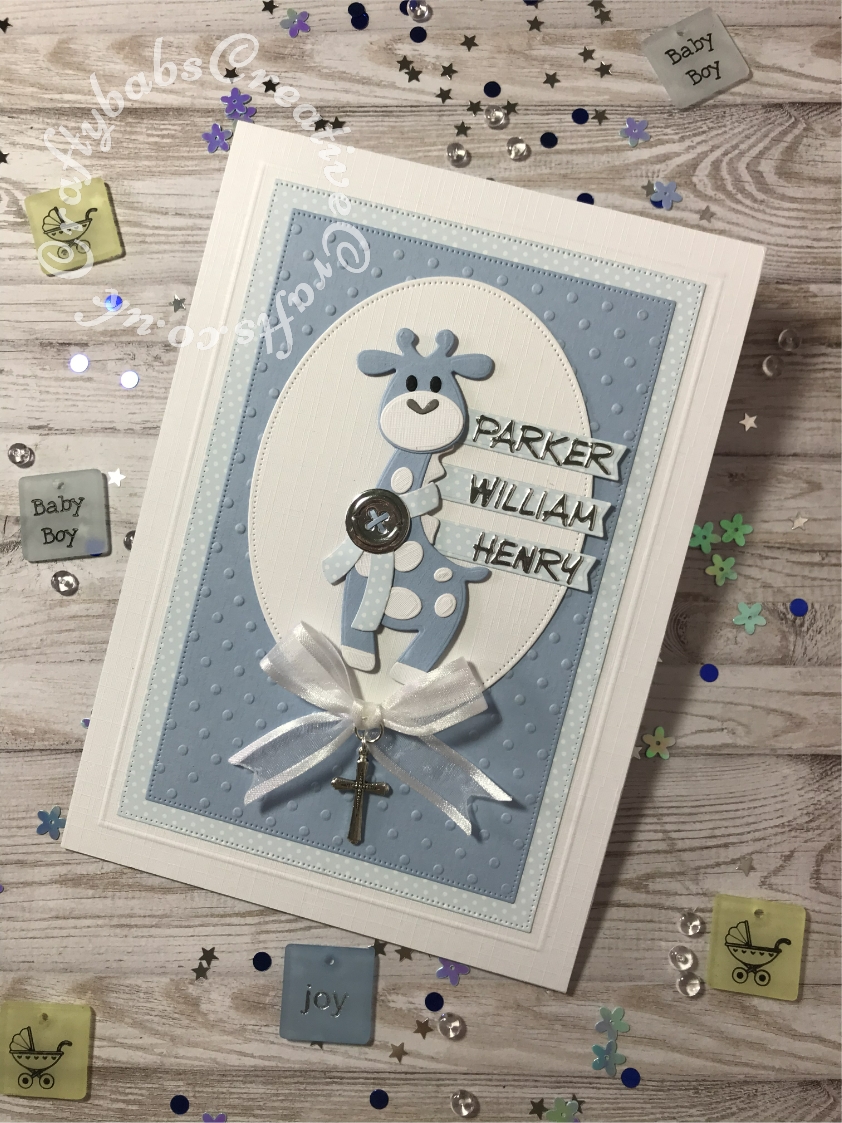 Pop up Easel Block card for Christening day. Fold inspired by Sam Calcott of Mixed up craft. Made using various dies including: unbranded nesting pierced rectangle dies, cuttlebug swiss dots embossing folder. unbranded nesting pierced ovals dies, Marianne Collectable Dies - Eline's Giraffe, Britannia dies sentiments and Die-Versions 'Micro Marker' Alphabet - craftybabscreativecrafts.co.uk